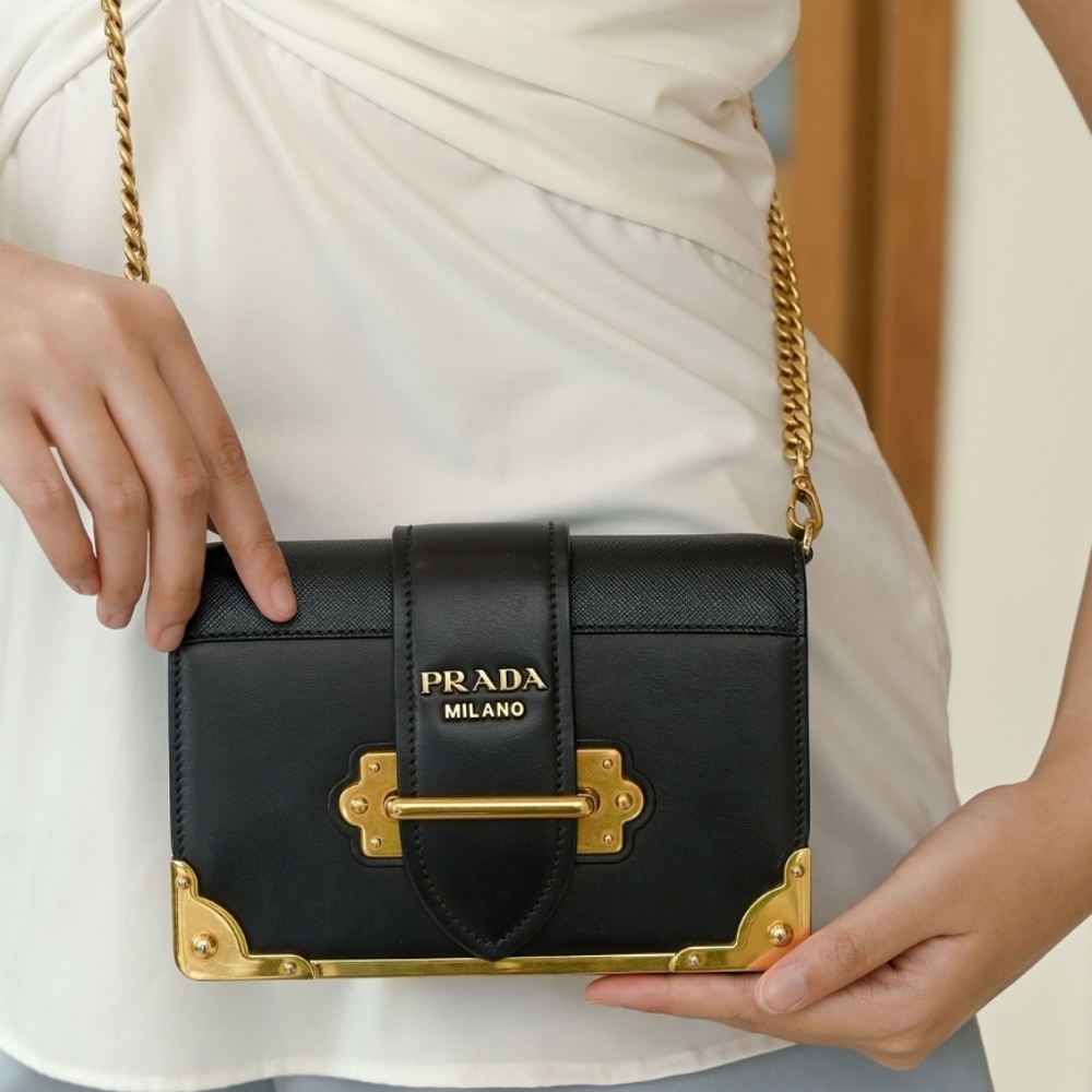 Brand New! RARE! Authenticated Prada CAHIER BAG Black and Gold Chain Bag. - Picture 10 of 16